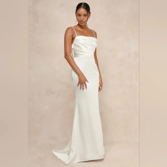 Lulus Lovely Endearment White Satin Sleeveless Backless Maxi Dress Wedding - Picture 3 of 11